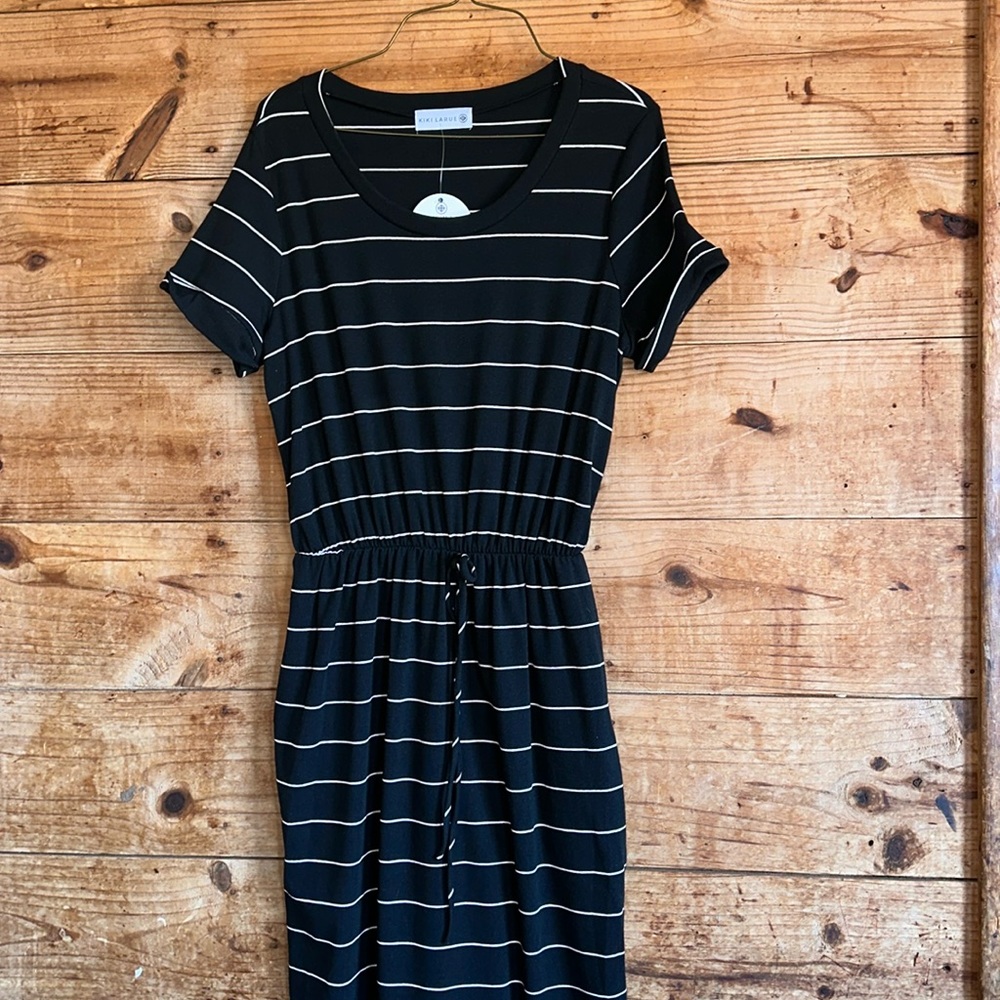 Black Striped Short-Sleeve Drawstring Waist Dress
